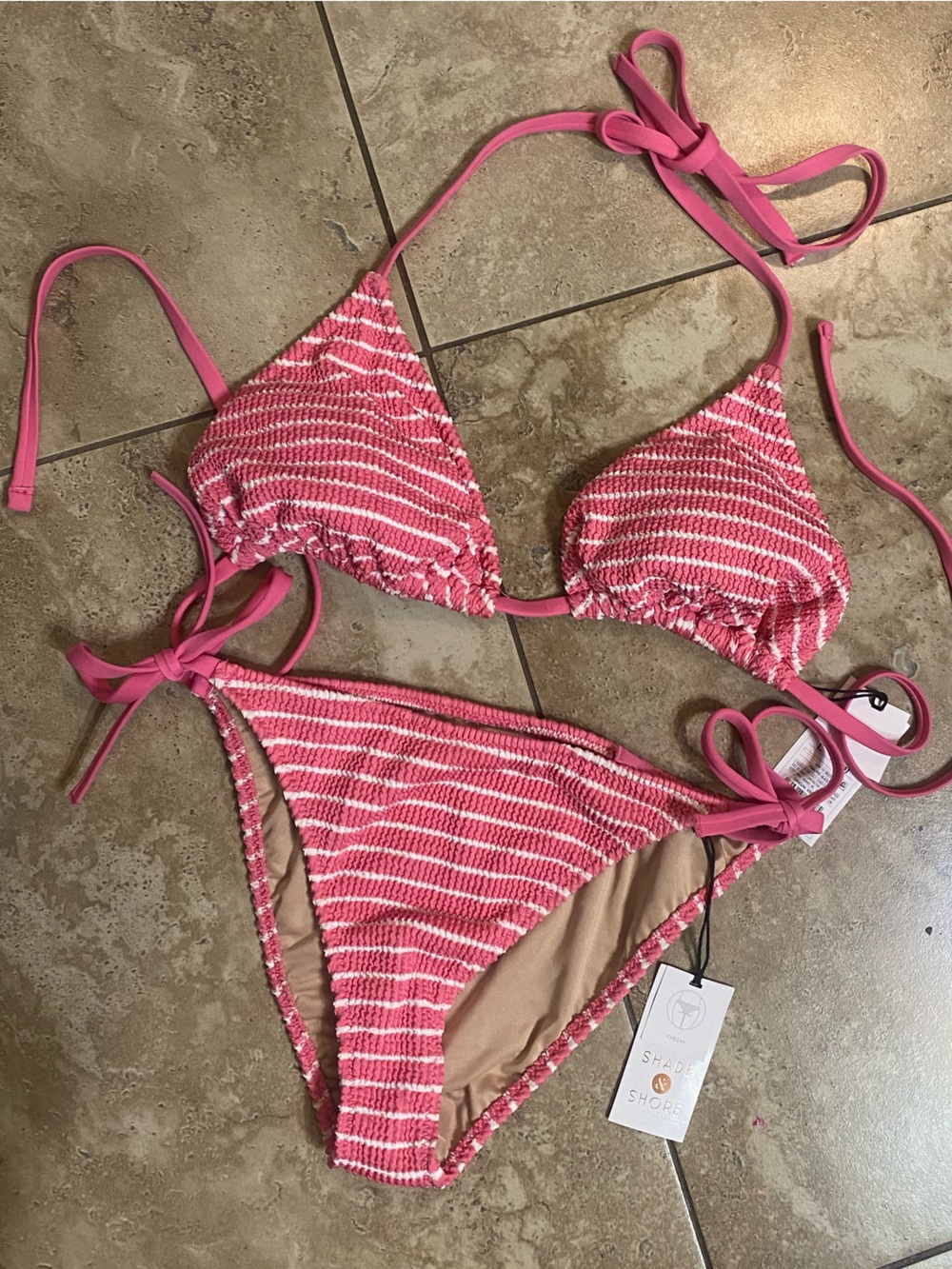 Shade & Shore Pink Striped Tie-Side Triangle Bikini NWT